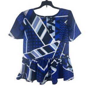 Ashley Stewart Peplum Top Women's Size‎ Large  14/16 Blue Geometric Design NEW